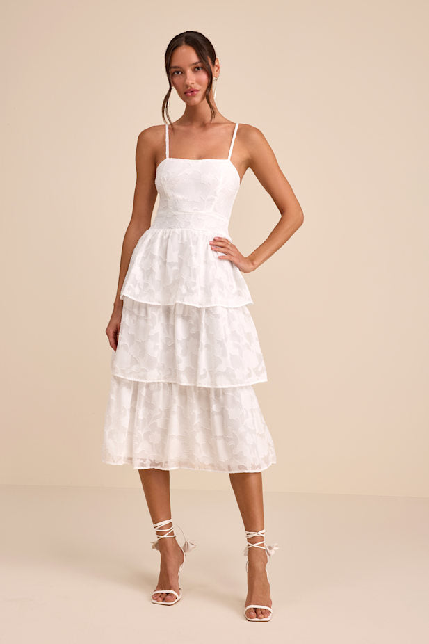 Grace and Beauty White Burnout Floral Print Tiered Dress