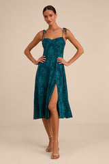 Loveliest Looks Emerald Green Jacquard Tie-Strap Midi Dress