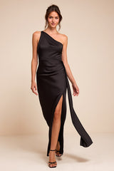 Signature Elegance Black Satin One-Shoulder Maxi Dress