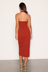 Prominent Charm Rust Brown Halter Bodycon Tulip Midi Dress