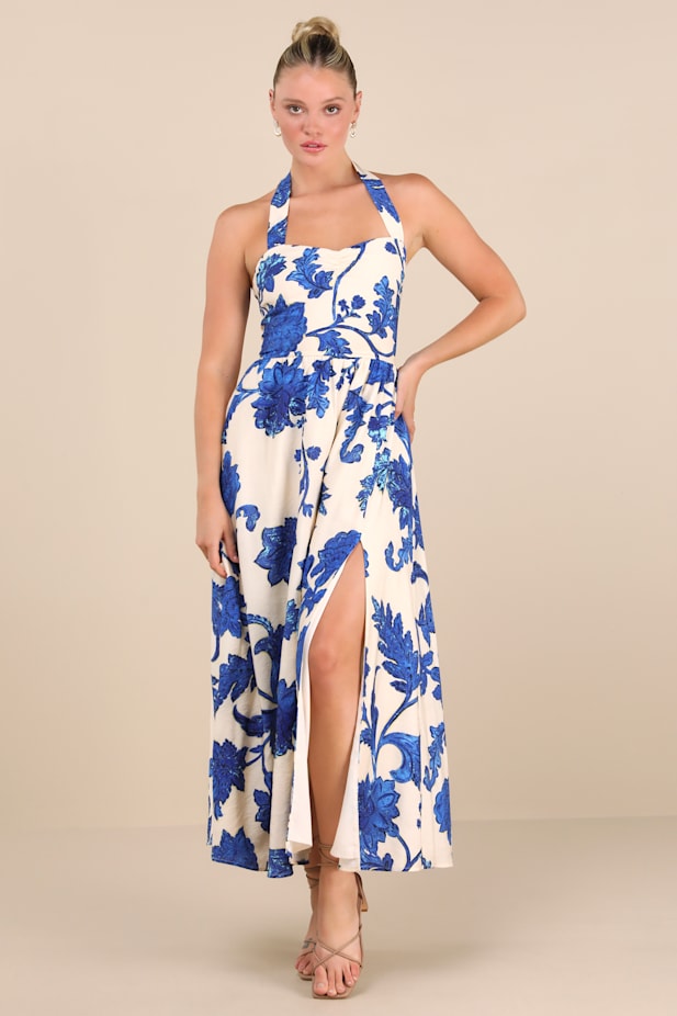 Layton Blue and Cream Floral Halter Maxi Dress