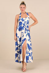 Layton Blue and Cream Floral Halter Maxi Dress