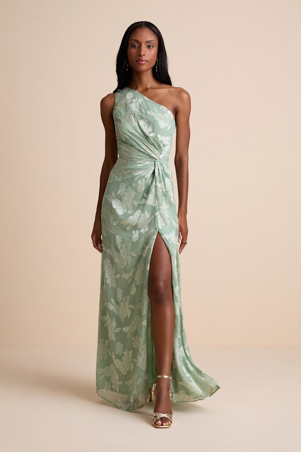 Renni Sage Green Floral Jacquard One-Shoulder Maxi Dress
