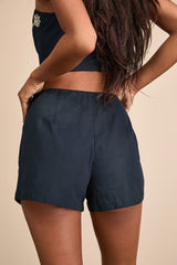 Sarella Navy Cotton High-Rise Embroidered Shorts