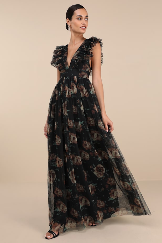 Simply Delighted Black Floral Mesh Ruffled Backless Maxi Dress