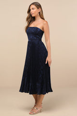 Perfectly Stunning Navy Jacquard Strapless Midi Dress