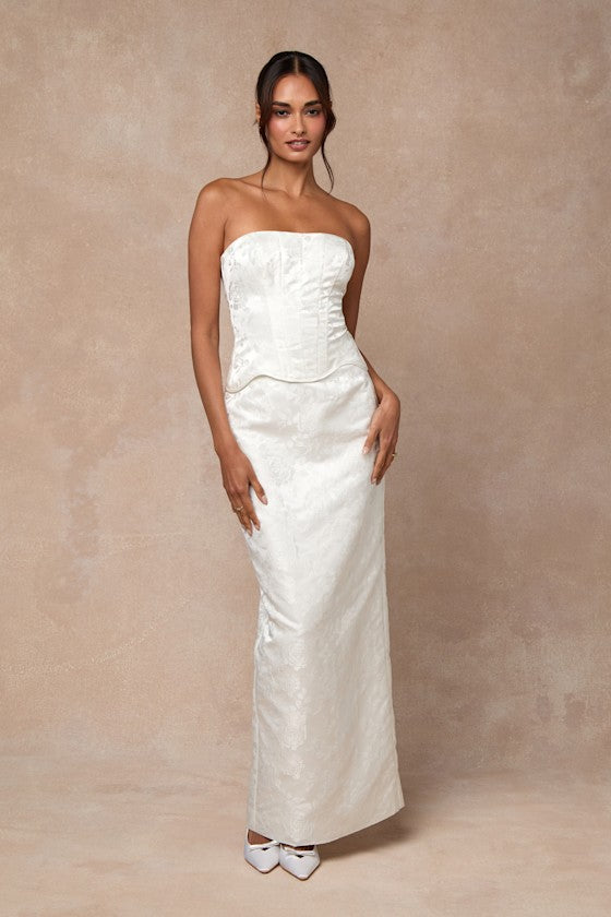 Melva White Satin Jacquard Two-Piece Bustier Maxi Dress