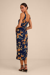 Lesina Navy Blue Floral Sleeveless Midi Dress