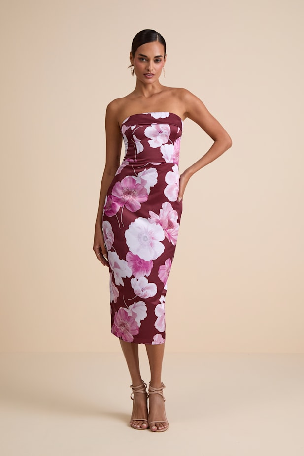 Oriana Burgundy Floral Satin Strapless Midi Dress