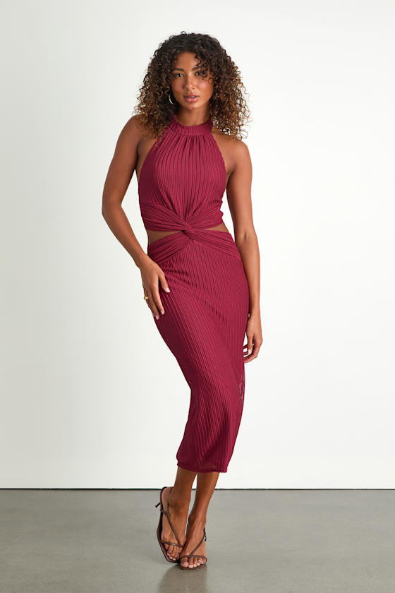Poised Attitude Burgundy Halter Cutout Twist-Front Midi Dress
