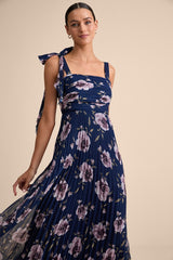 Gorgeous Purpose Navy Floral Pleated Sleeveless Bow Maxi Dress