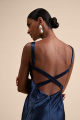 Perfectly Classy Navy Satin Strappy Maxi Dress