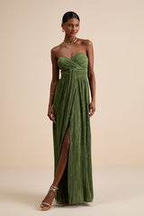 Oswin Olive Green Satin Plisse Strapless Maxi Dress