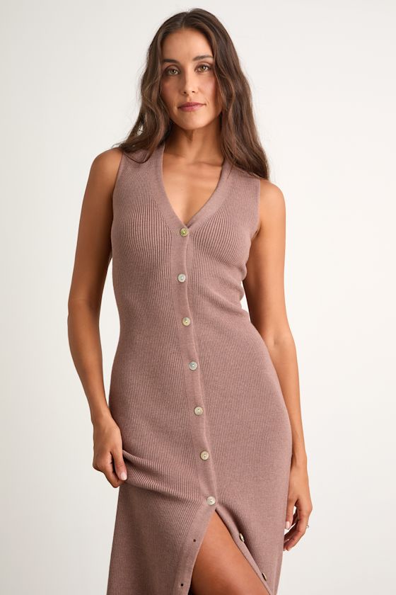 Emelyne Light Brown Ribbed Button-Front Sweater Midi Dress