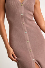Emelyne Light Brown Ribbed Button-Front Sweater Midi Dress