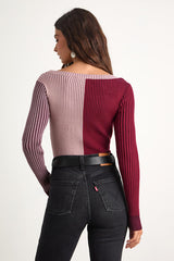 Mod Cutie Burgundy Color Block Ribbed Long Sleeve Bodysuit