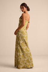 Cavani Chartreuse Floral Satin Asymmetrical Maxi Dress