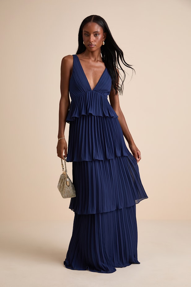 Mesmerizing Essence Navy Pleated Backless Tiered Maxi Dress