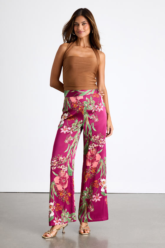 Thriving Vibes Fuchsia Floral Print Satin Wide-Leg Pants