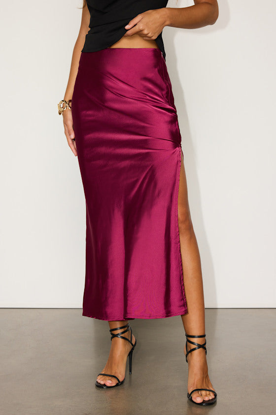 Chic Wishes Burgundy Satin Midi Skirt