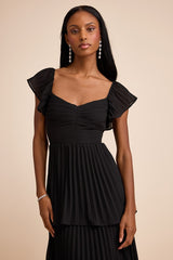 Notorious Charm Black Pleated Flutter Sleeve Maxi Dress