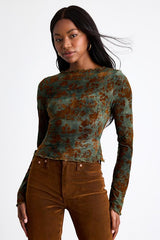 Victoria Green Floral Burnout Long Sleeve Top