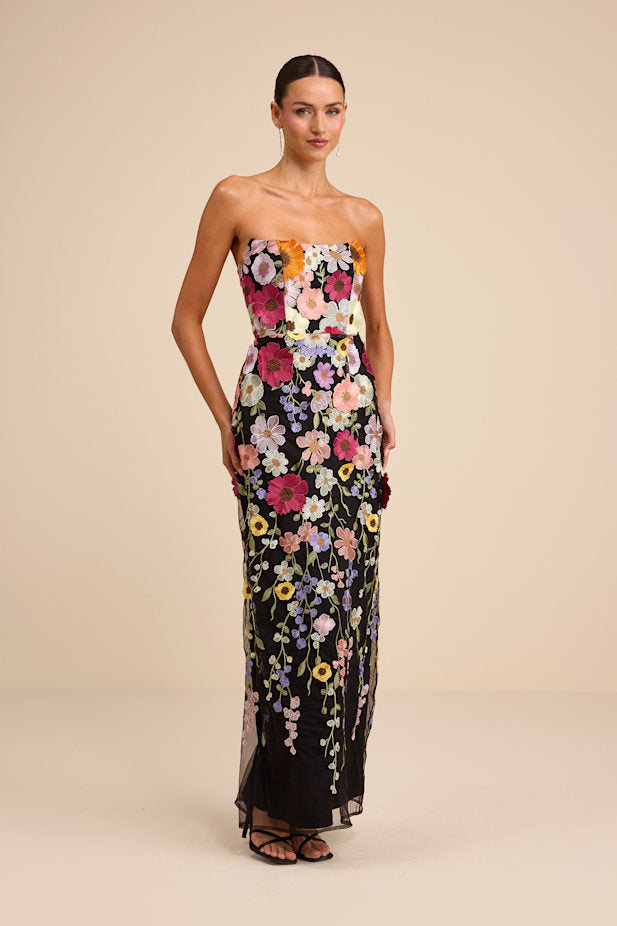 Macario Black Multi 3D Floral Embroidered Strapless Maxi Dress