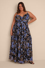 Niora Black and Blue Floral Pleated Maxi Dress