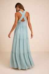 Leora Light Blue Pleated Tiered Maxi Dress