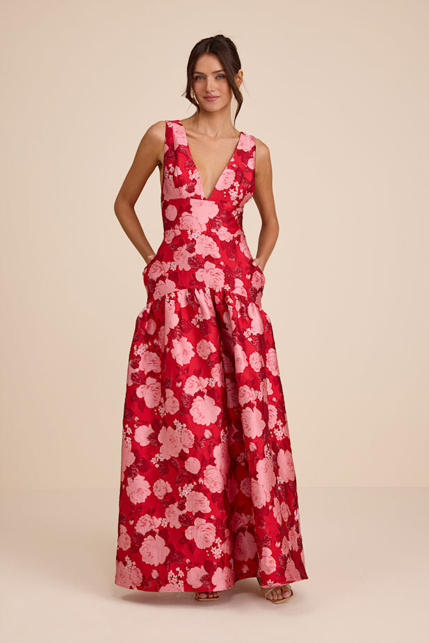 Valna Red Floral Jacquard Drop Waist Maxi Dress