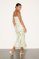 Giorgina Sage Floral Mesh Gathered Trumpet Midi Dress