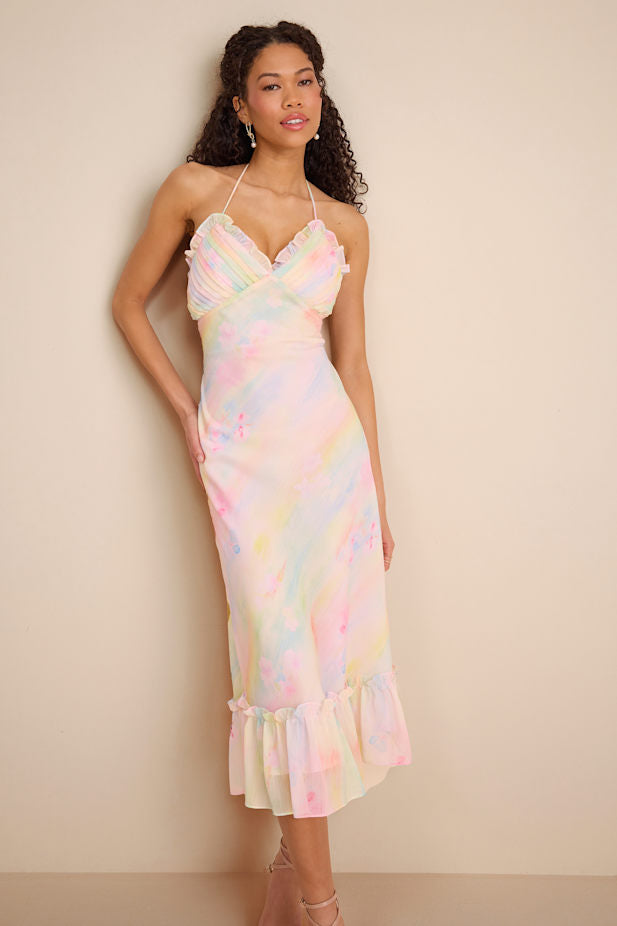 Jamaya Multi Abstract Floral Lace-Up Midi Dress