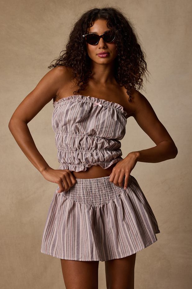 Honeysuckle Pink Striped Smocked Mini Skirt