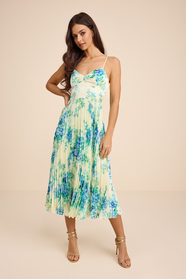 Francette Yellow Floral Satin Pleated Midi Dress