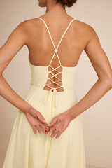 Romantically Speaking Light Yellow Cowl Lace-Up Maxi Dress