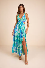 Elisanna Teal Multi Floral Lace-Up Midi Dress