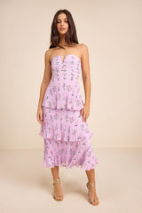 Hadelyn Lavender Floral Pleated Tiered Midi Dress