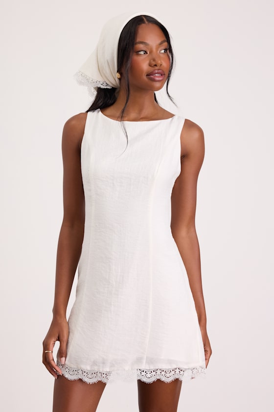 Avryll White Lace Boat Neck Mini Dress and Scarf Set