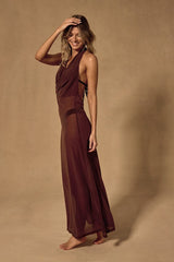 Tahani Brown Mesh Cowl Maxi Swim Cover-Up