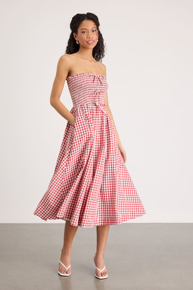 Clementina Red Gingham Smocked Midi Dress