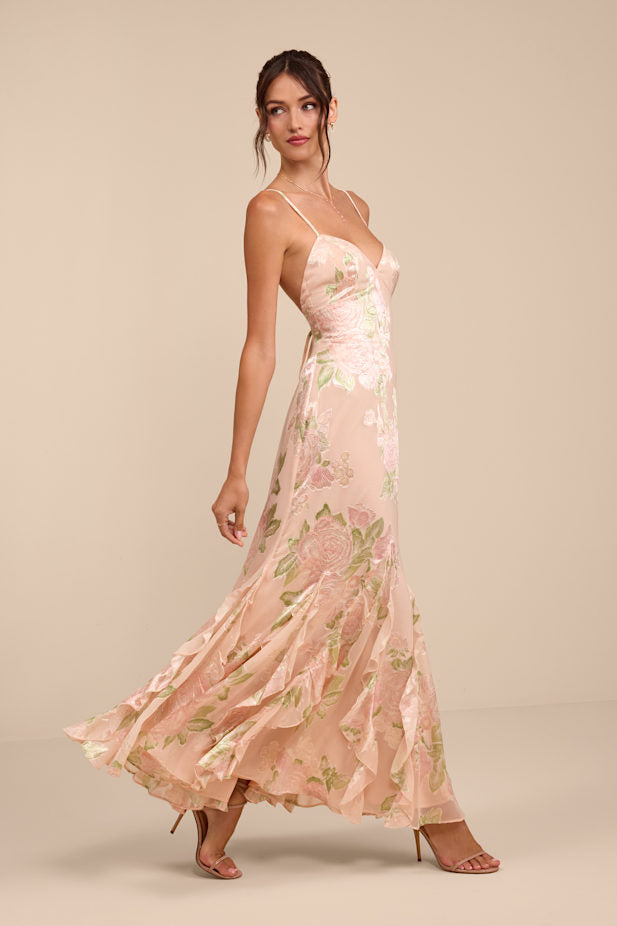 Deluca Pink Floral Burnout Sleeveless Ruffled Maxi Dress