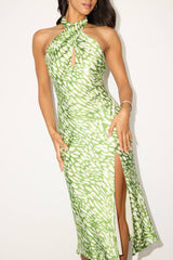 Beyond Classy Green Abstract Print Satin Halter Midi Dress