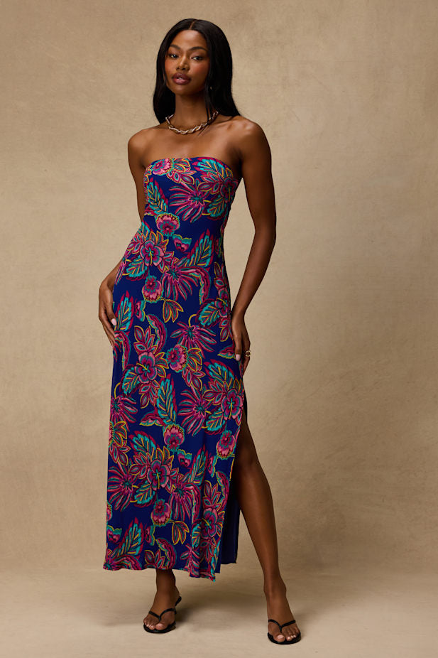 Sofia Blue Multi Boho Print Strapless Maxi Dress