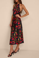 Jules Black Multi Floral Satin Two-Piece Midi Dress