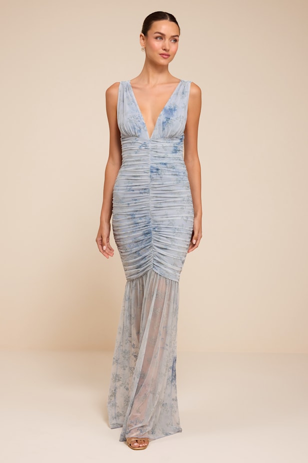 Jamie Light Blue Floral Mesh Sheer Hem Maxi Dress