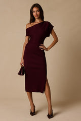 Brady Burgundy Ribbed Off-the-Shoulder Sweater Midi Dress