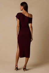 Brady Burgundy Ribbed Off-the-Shoulder Sweater Midi Dress