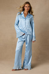Melanie Light Blue Satin Ruffled Two-Piece Pajama Set