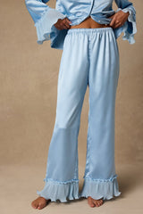 Melanie Light Blue Satin Ruffled Two-Piece Pajama Set