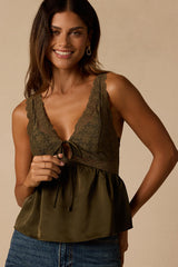 Ynez Olive Green Satin Lace Babydoll Tank Top